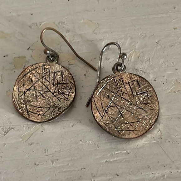 1” gold tone round textured medallion dangle earrings on hypoallergenic wires - Picture 2 of 13